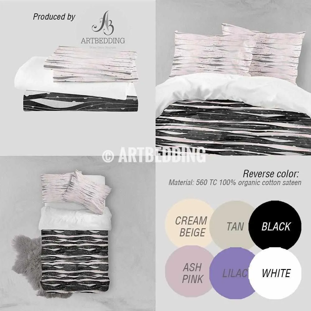 Black silver geometry Duvet cover, Black handpainted watercolor texture with silver and pink psychedelic wave geometry pattern duvet cover, artbedding duvet cover - Image 2