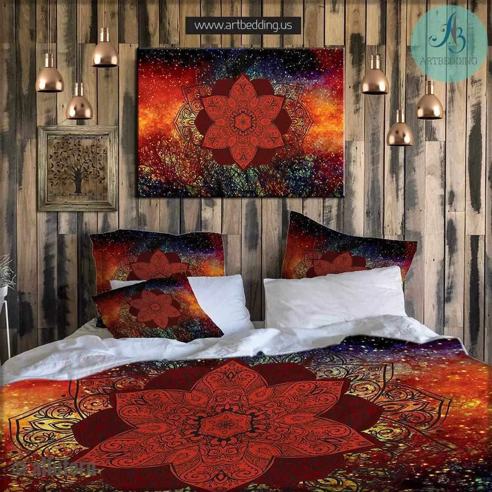 FULL size Bohemian bedding, Mandala duvet cover set, Galaxy mandala bedding, Bohochic bedroom interior, artbedding art