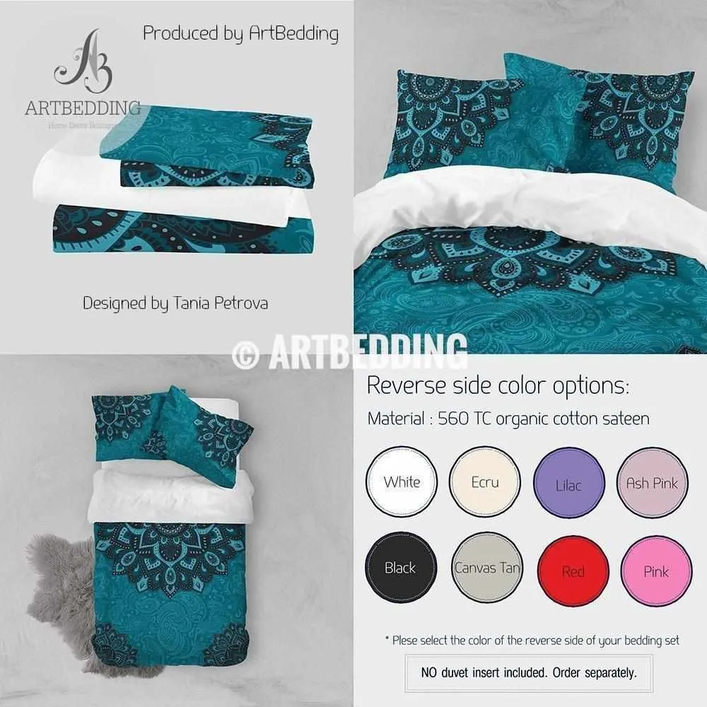 Bohemian teal bedding, Dark teal and turquoise Mandala duvet cover set, teal boho comforter set, Boho bedding, mandala bedspread - Image 3