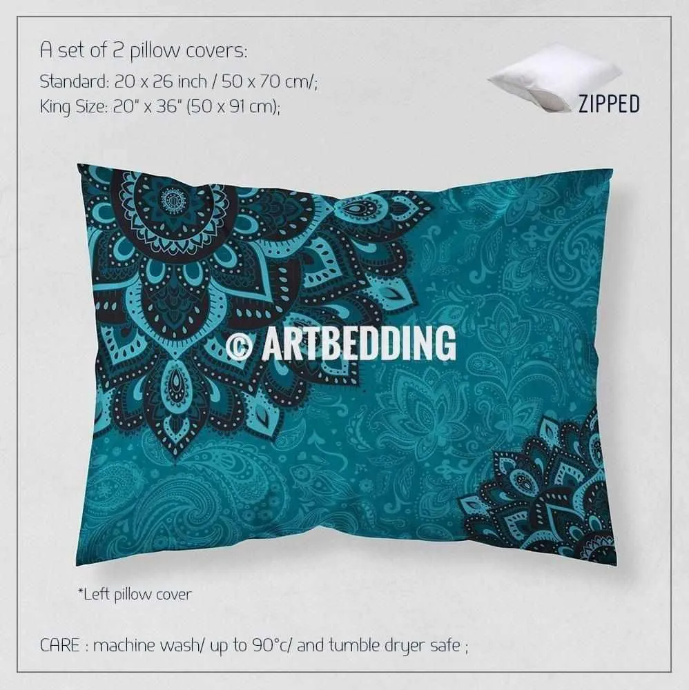 Bohemian teal bedding, Dark teal and turquoise Mandala duvet cover set, teal boho comforter set, Boho bedding, mandala bedspread - Image 4