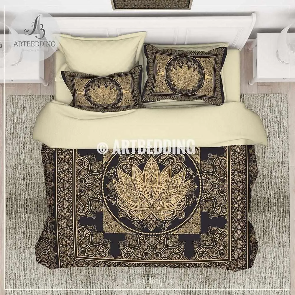 Boho black and gold Lotus bedding, Sacred lotus bedroom, Boemian lotus dorm room comforter set, bohemian spiritual art bedroom decor - Image 2