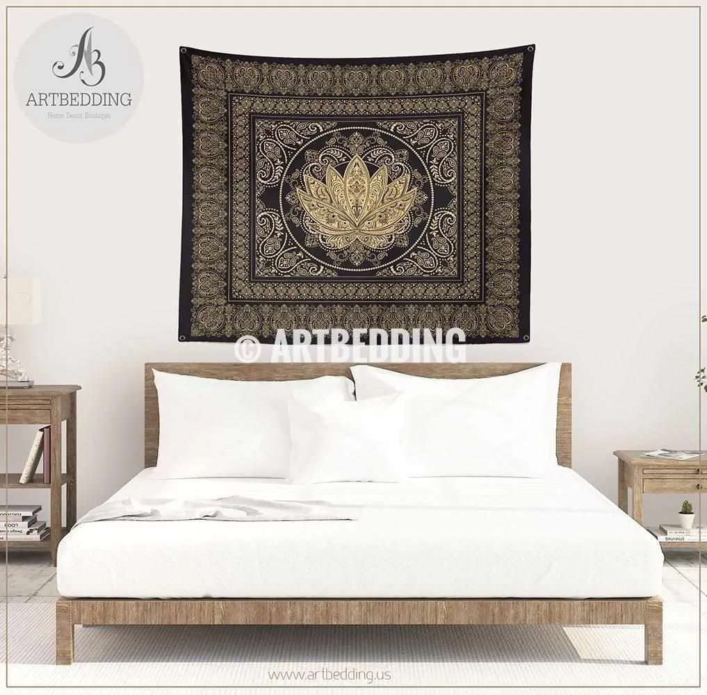 Boho black and gold Lotus bedding, Sacred lotus bedroom, Boemian lotus dorm room comforter set, bohemian spiritual art bedroom decor - Image 5