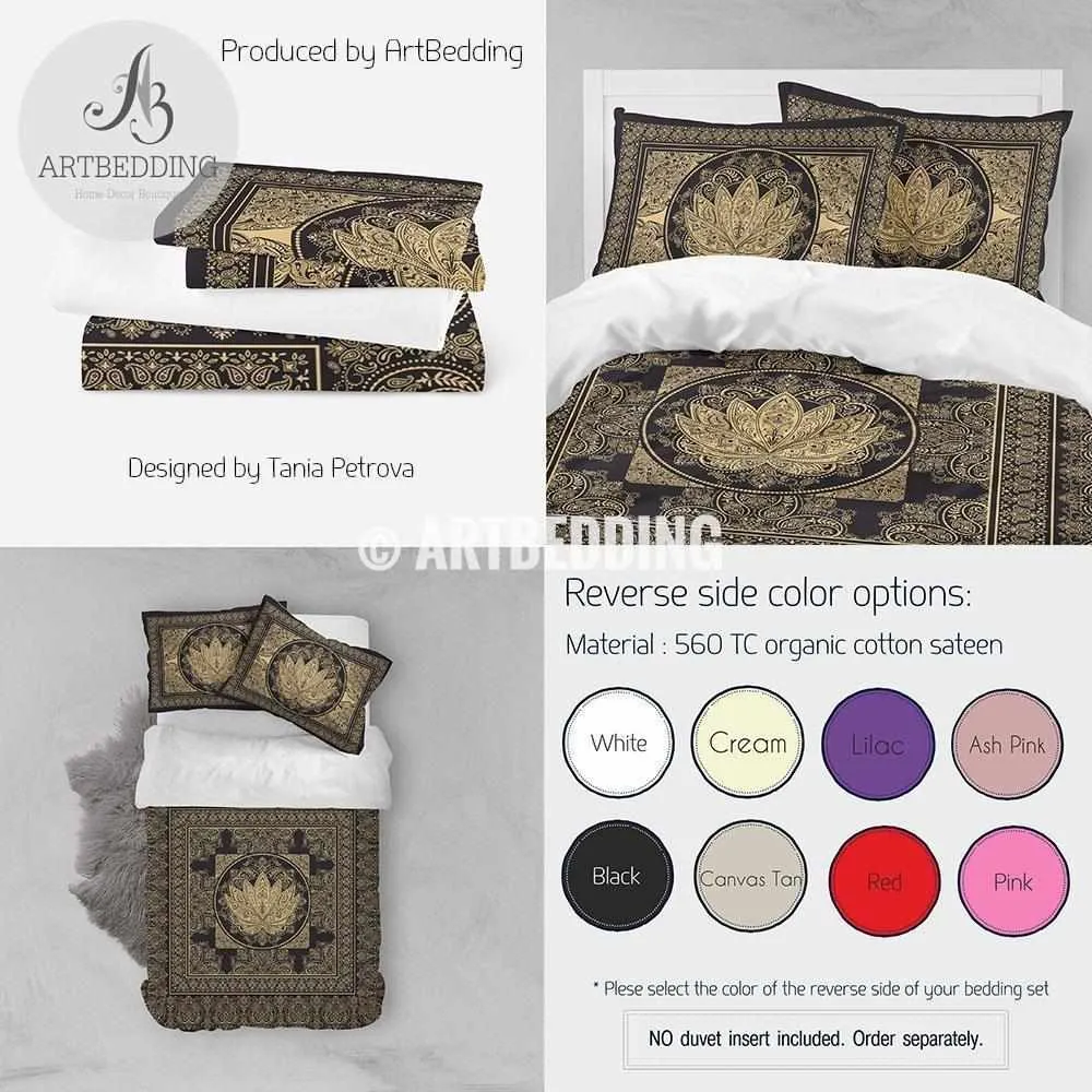 Boho black and gold Lotus bedding, Sacred lotus bedroom, Boemian lotus dorm room comforter set, bohemian spiritual art bedroom decor - Image 3