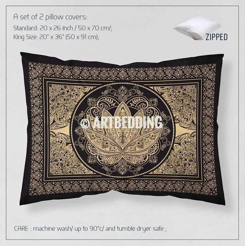 Boho black and gold Lotus bedding, Sacred lotus bedroom, Boemian lotus dorm room comforter set, bohemian spiritual art bedroom decor - Image 4