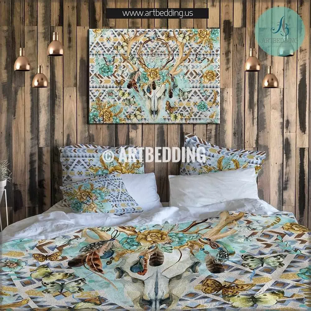 Boho deer skull totem dreamcatcher bedding set, Deer skull duvet bedding set, dreamcatcher and butterflies comforter set