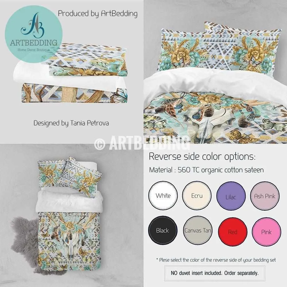 Boho deer skull totem dreamcatcher bedding set, Deer skull duvet bedding set, dreamcatcher and butterflies comforter set - Image 2