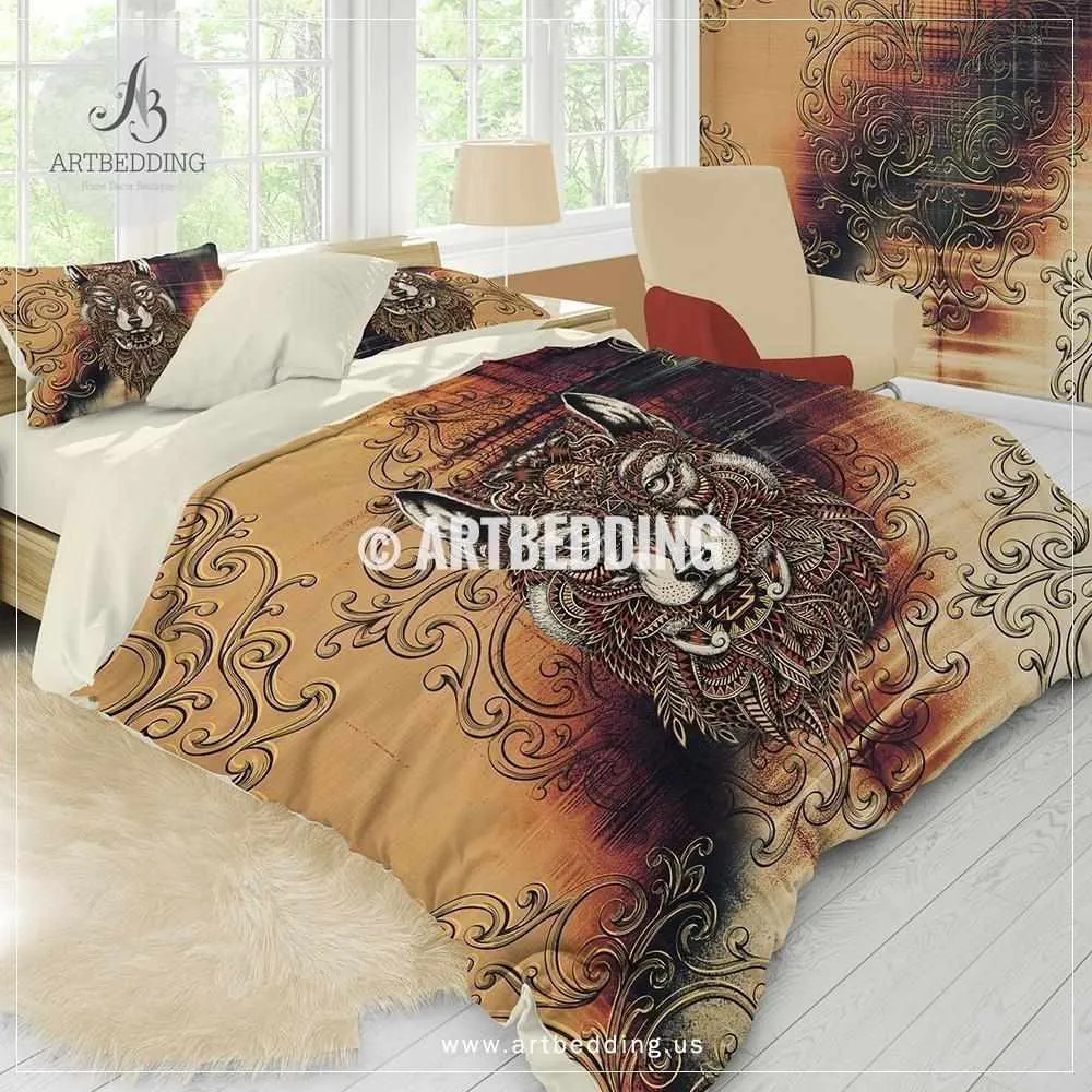 Boho wolf spirit animal bedding, Zentangle vintage orange wolf duvet bedding set, Wolf totem comforter set