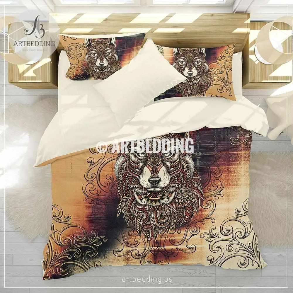 Boho wolf spirit animal bedding, Zentangle vintage orange wolf duvet bedding set, Wolf totem comforter set - Image 2