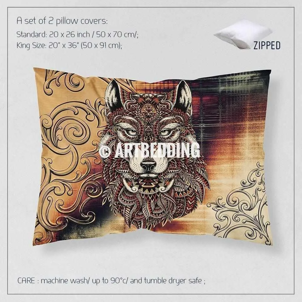 Boho wolf spirit animal bedding, Zentangle vintage orange wolf duvet bedding set, Wolf totem comforter set - Image 4