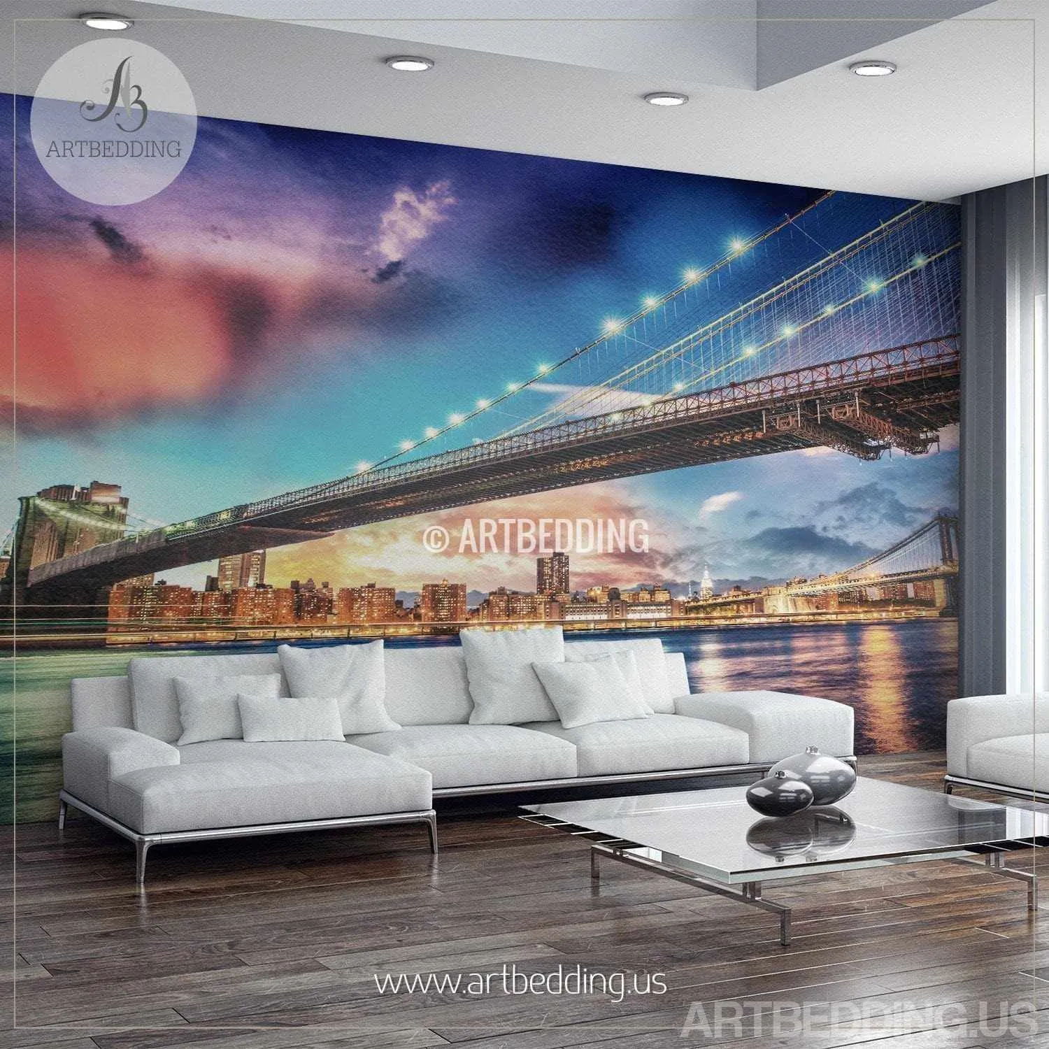 Brooklyn Bridge Wall Mural, New York sunset Photo sticker, New York Downtown skyline wall decor