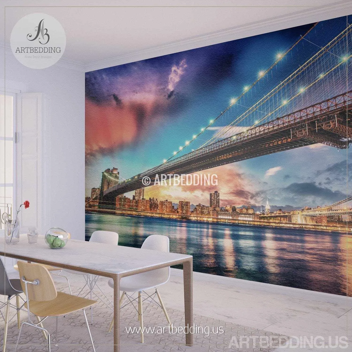 Brooklyn Bridge Wall Mural, New York sunset Photo sticker, New York Downtown skyline wall decor - Image 2