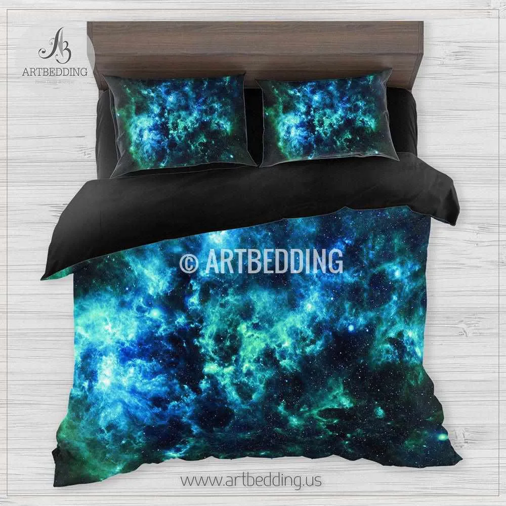 Deep space bedding set, Blue & green Nebula clouds with stars duvet bedding set, Space moon bedroom decor
