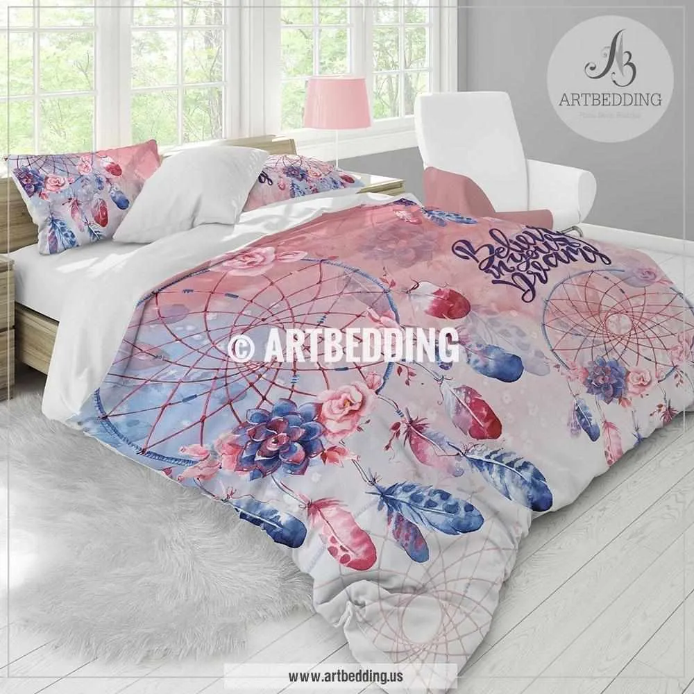 Dreamcatcher bedding, Blue and red dreamcatcher feathers duvet bedding set, Bohemian feathers bedding, Dreamcatcher comforter set