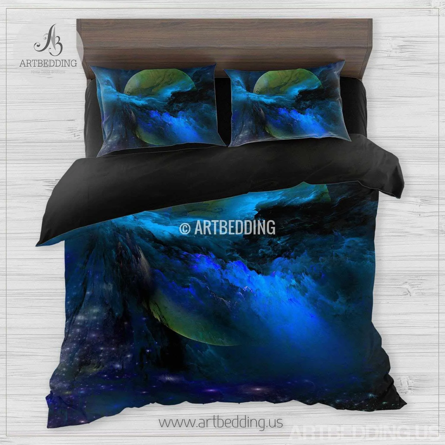 Galaxy bedding set, Blue nebula fantasy planet duvet cover set, Stars nebula Bedding set, Space bedroom decor