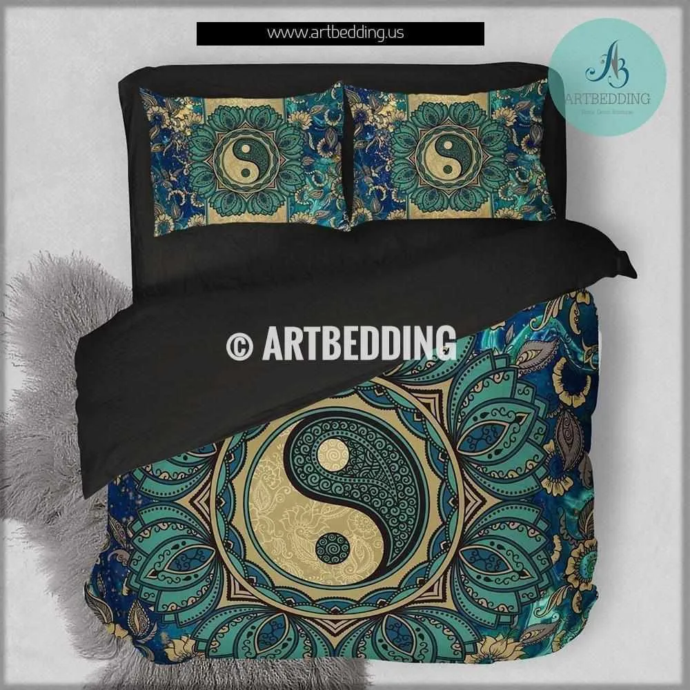 Lotus Mandala bedding, Yin Yang mandala bedding, Bohochic bedding set, mandala duvet cover set, bohemian decor - Image 4