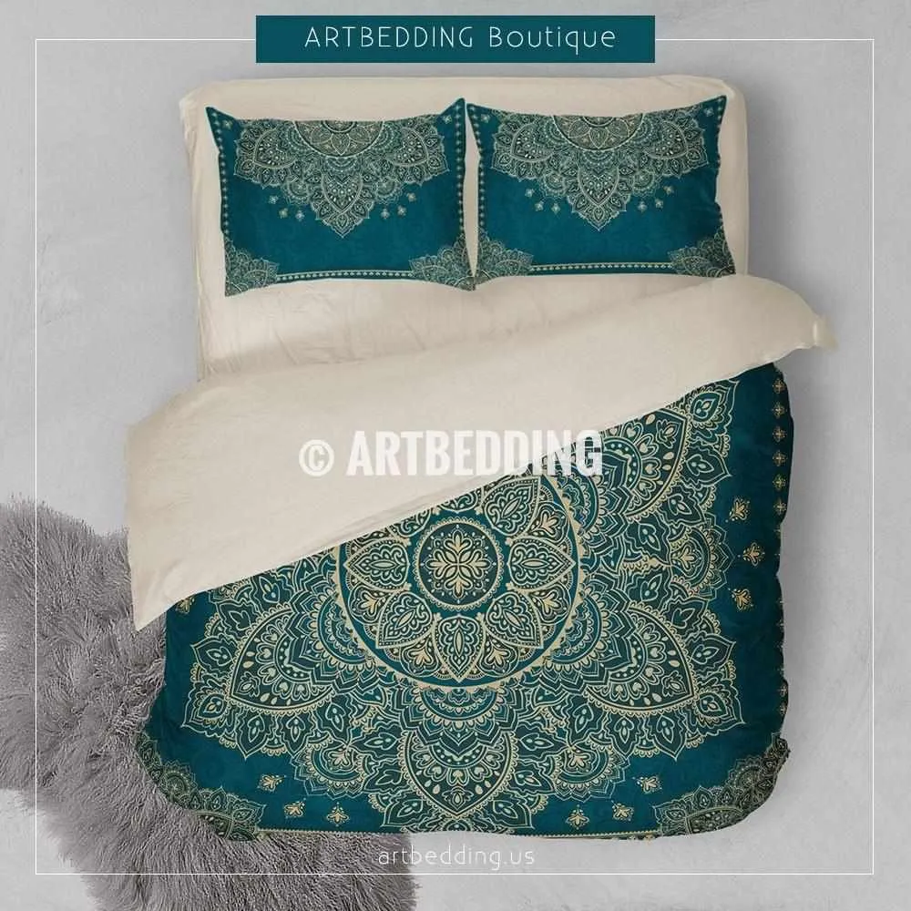 Mandala bedding, Teal and gold Mandala duvet cover set, Henna Mehendy mandala quilt cover set, boho bedspread - Image 2