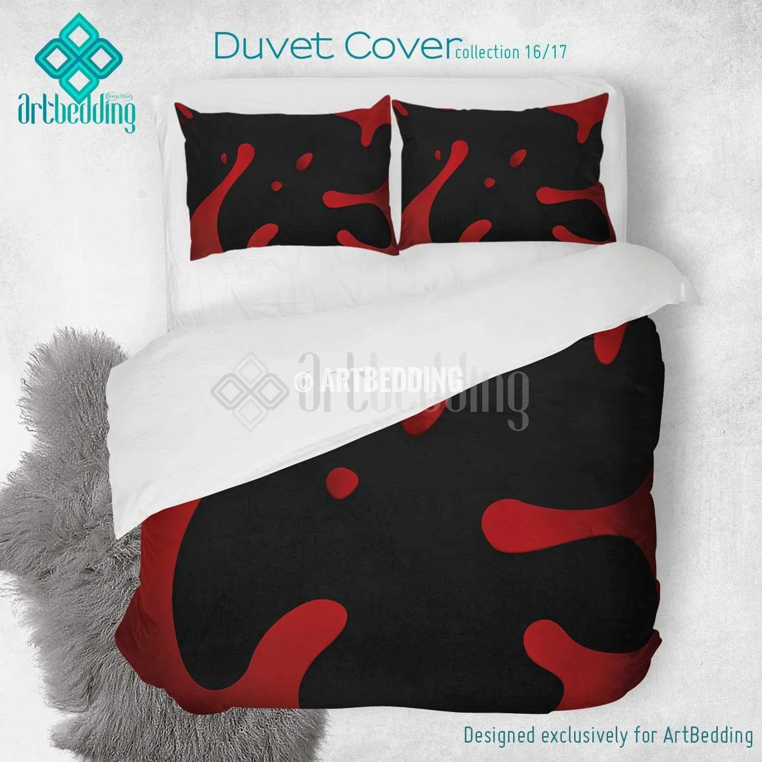 Red splashes printed Duvet cover, premium Red splashes duvet cover, Cotton sateen duvet cover, Red grunge art print duvet cover, artbedding duvet cover