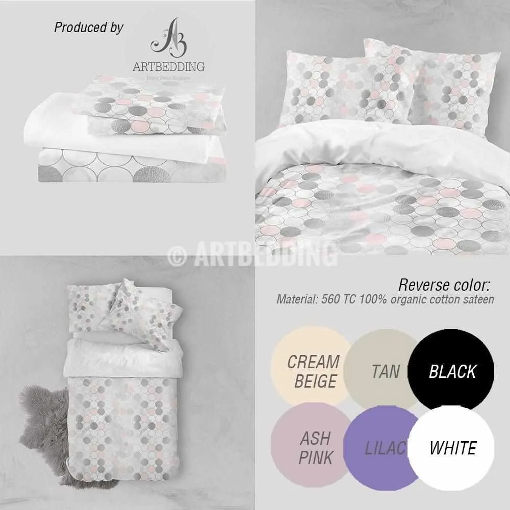Silver and pink psychedelic geometry Duvet cover, White handpainted watercolor background with silver and pink psychedelic circle geometry pattern duvet cover, artbedding duvet cover - Image 3