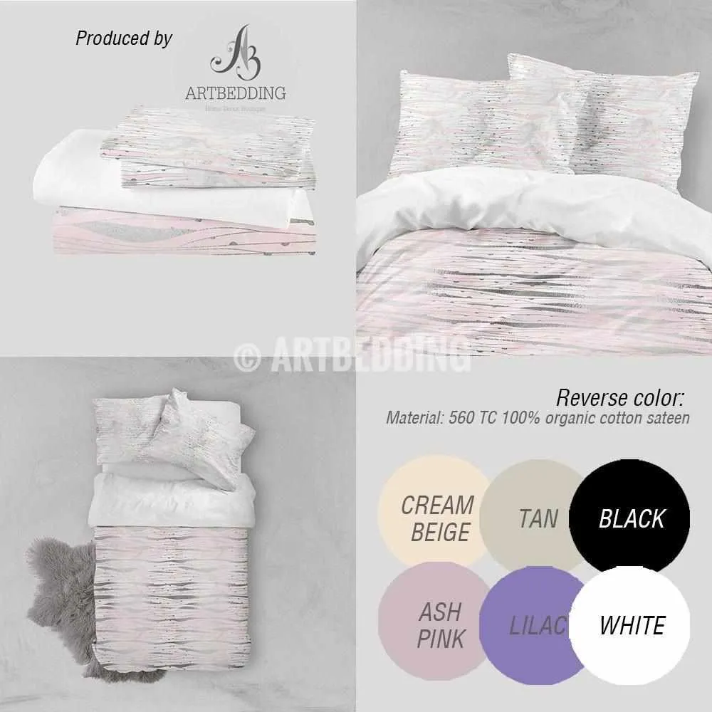Silver and pink psychedelic geometry Duvet cover, Handpainted watercolor texture with silver and pink psychedelic wave geometry pattern duvet cover, artbedding duvet cover - Image 2