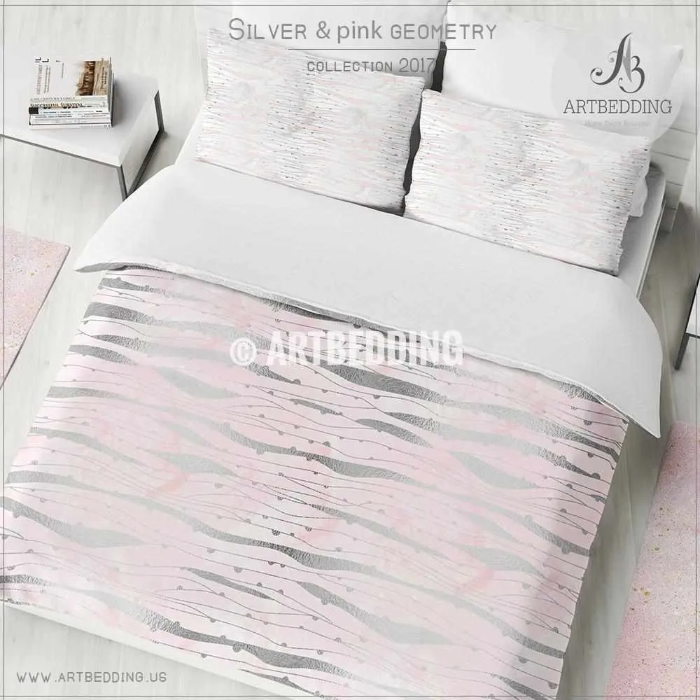 Silver and pink psychedelic geometry Duvet cover, Handpainted watercolor texture with silver and pink psychedelic wave geometry pattern duvet cover, artbedding duvet cover