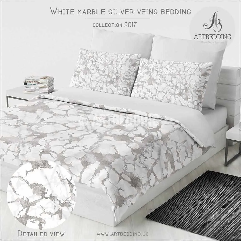 Marble silver Duvet cover, White natural marble with silver foil effect veins print duvet cover, marble bedding, duvet cover