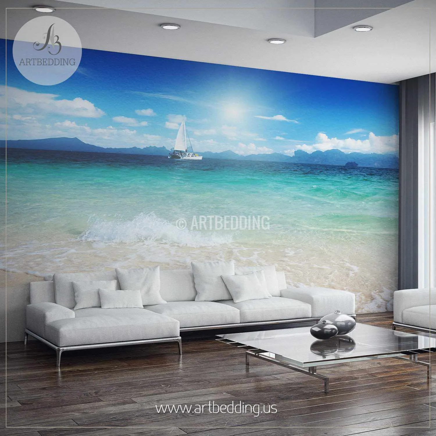 Yacht from the Shore Wall Mural, Self Adhesive Peel & Stick Photo Mural, Nature photo mural home decor